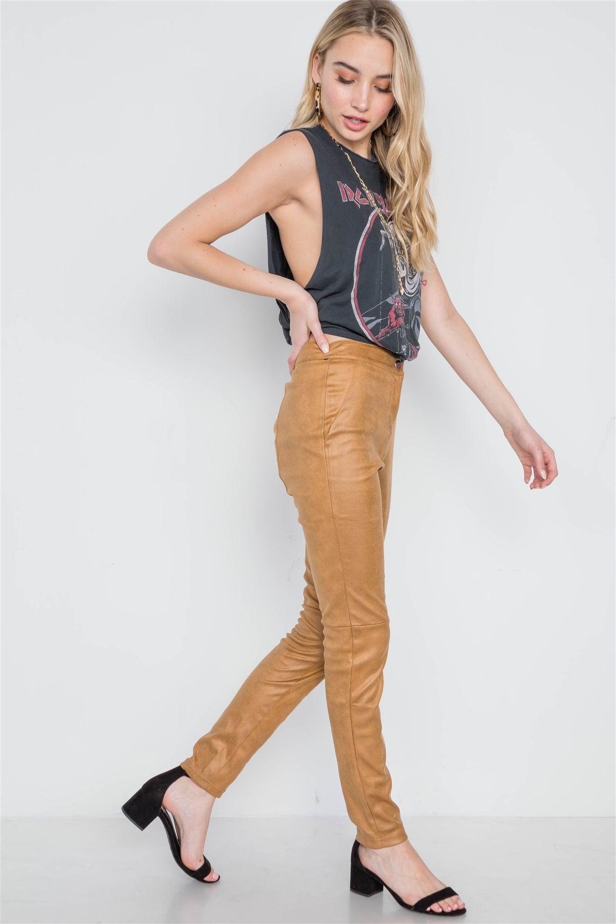 Camel Mid-Rise Faux Suede Skinny Pants /2-2-2