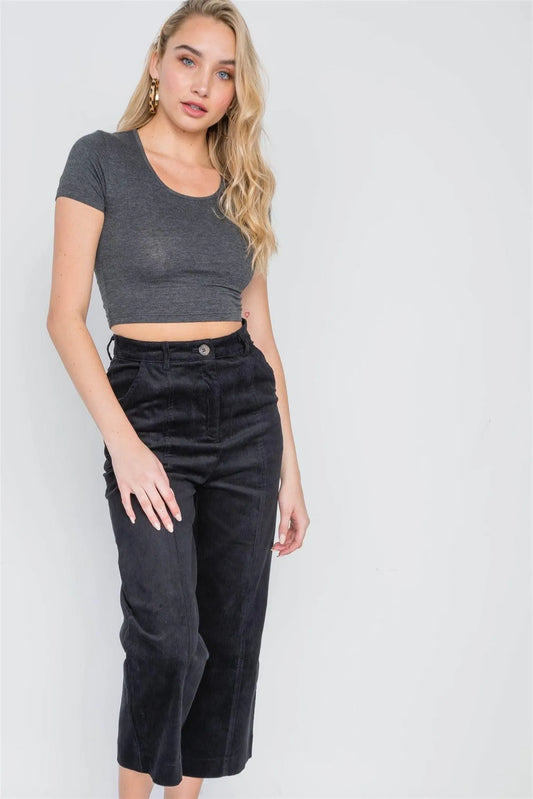Black Corduroy Wide Leg Cropped Pants /2-1-2 - Tasha Apparel Wholesale