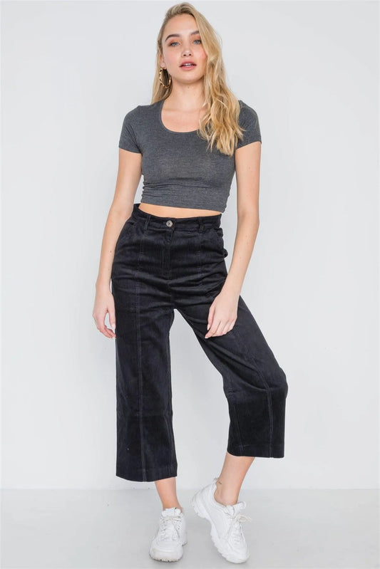 Black Corduroy Wide Leg Cropped Pants /2-1-3 - Tasha Apparel Wholesale