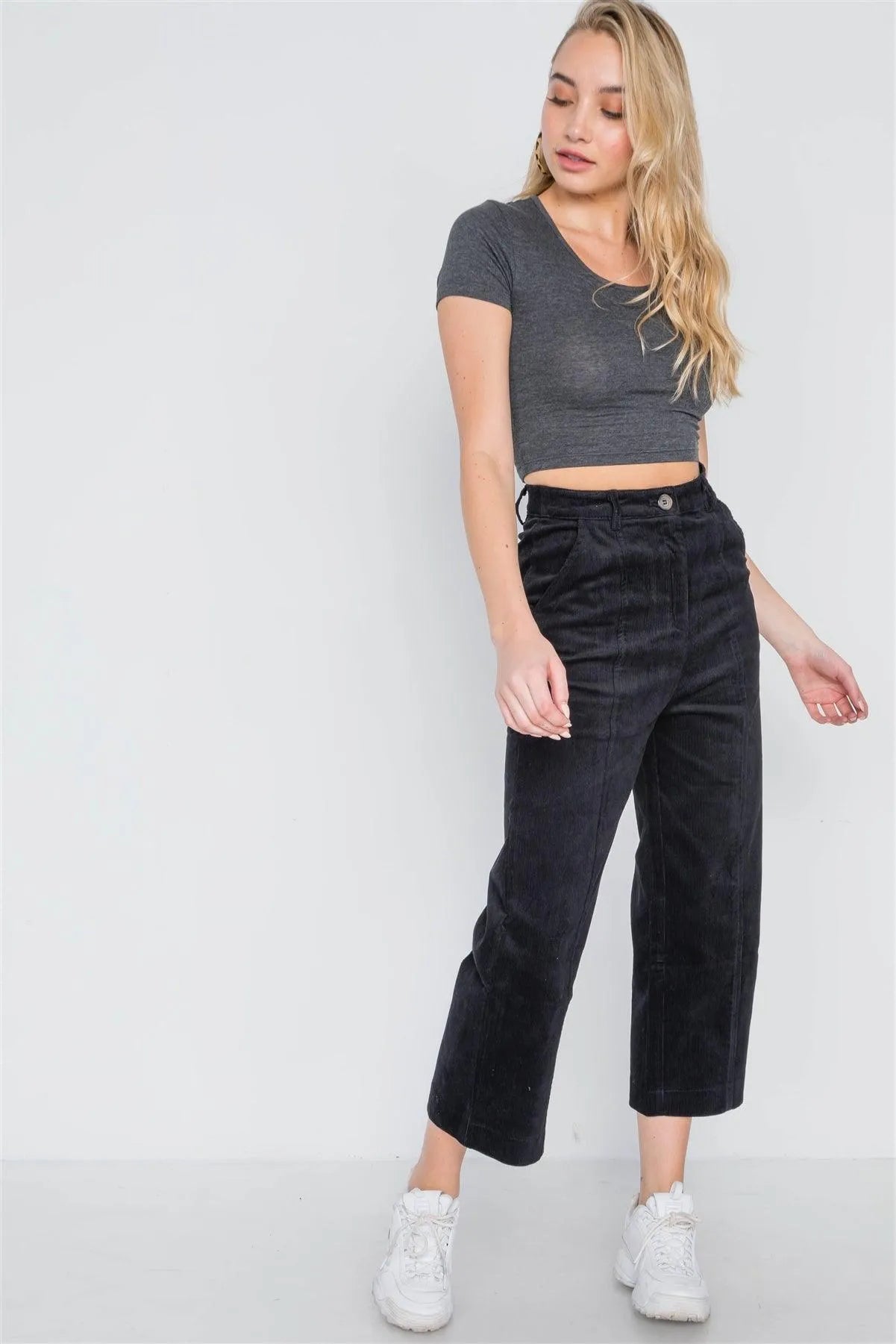 Black Corduroy Wide Leg Cropped Pants /2-2 - Tasha Apparel Wholesale