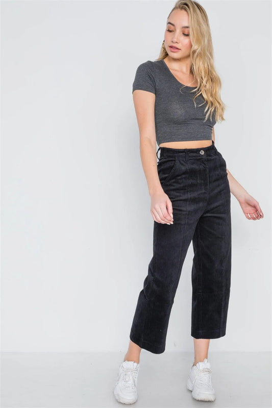Black Corduroy Wide Leg Cropped Pants /2-2 - Tasha Apparel Wholesale