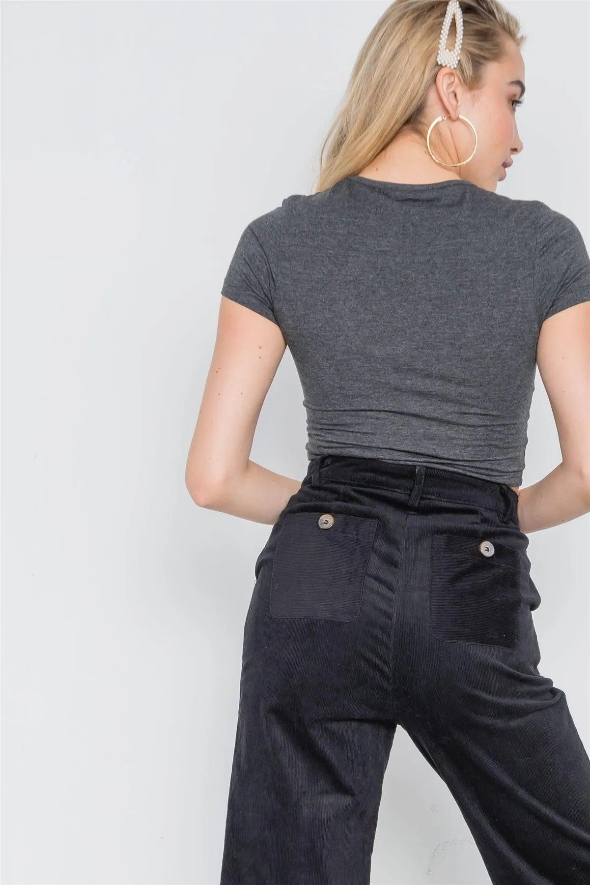Black Corduroy Wide Leg Cropped Pants /2-2 - Tasha Apparel Wholesale