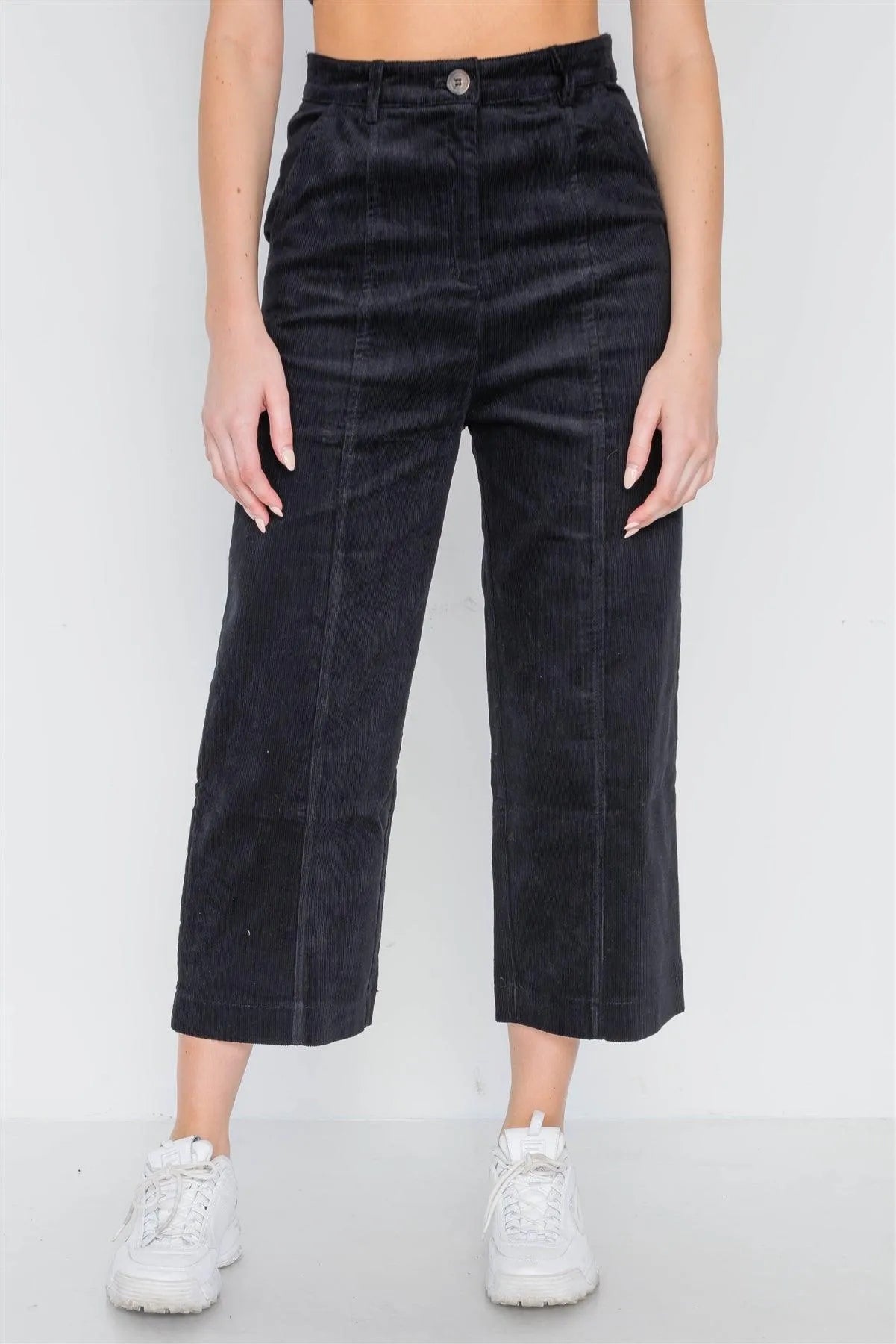 Black Corduroy Wide Leg Cropped Pants /2-2 - Tasha Apparel Wholesale