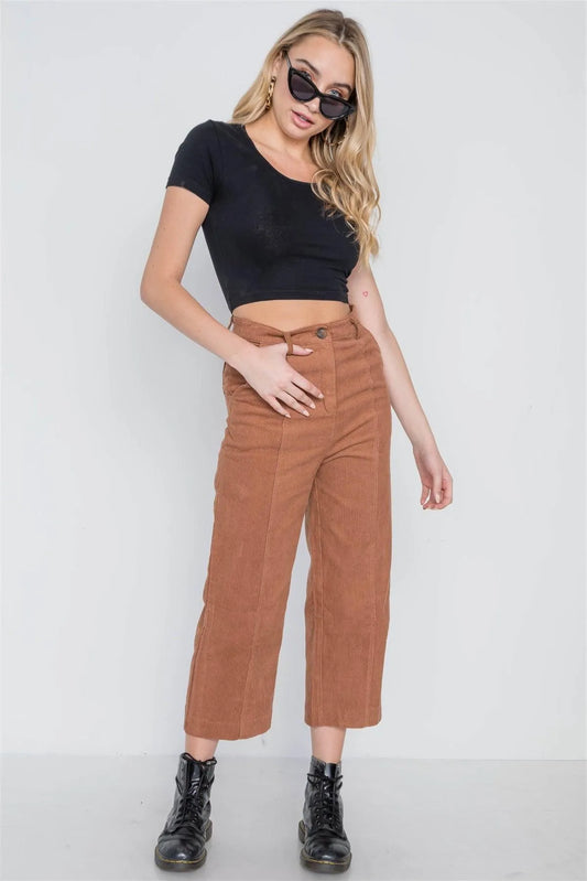 Camel Corduroy Wide Leg Cropped Pants /1-2-2 - Tasha Apparel Wholesale