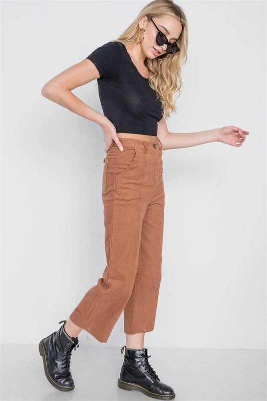 Camel Corduroy Wide Leg Cropped Pants - Tasha Apparel Wholesale