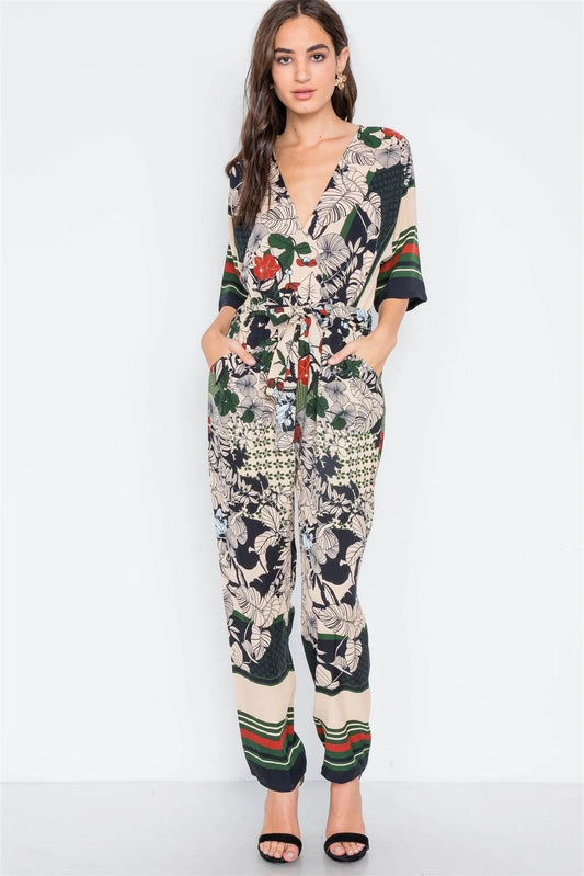 Navy Multi Print Surplice Neck Wide Leg Jumpsuit - Tasha Apparel Wholesale