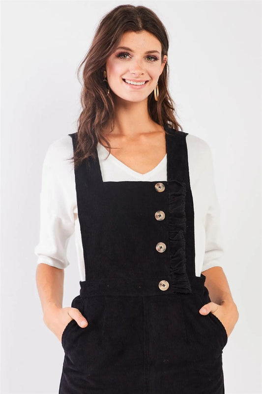 Black Corduroy Button Front Ankle Length Overall Jumpsuit /2-1-2 - Tasha Apparel Wholesale