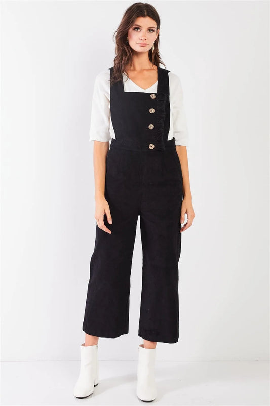 Black Corduroy Button Front Ankle Length Overall Jumpsuit /2-2-2 - Tasha Apparel Wholesale