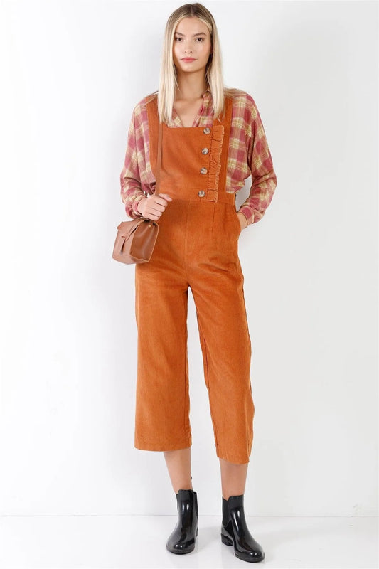 Camel Corduroy Button Front Ankle Length Overall /1-1-1 - Tasha Apparel Wholesale