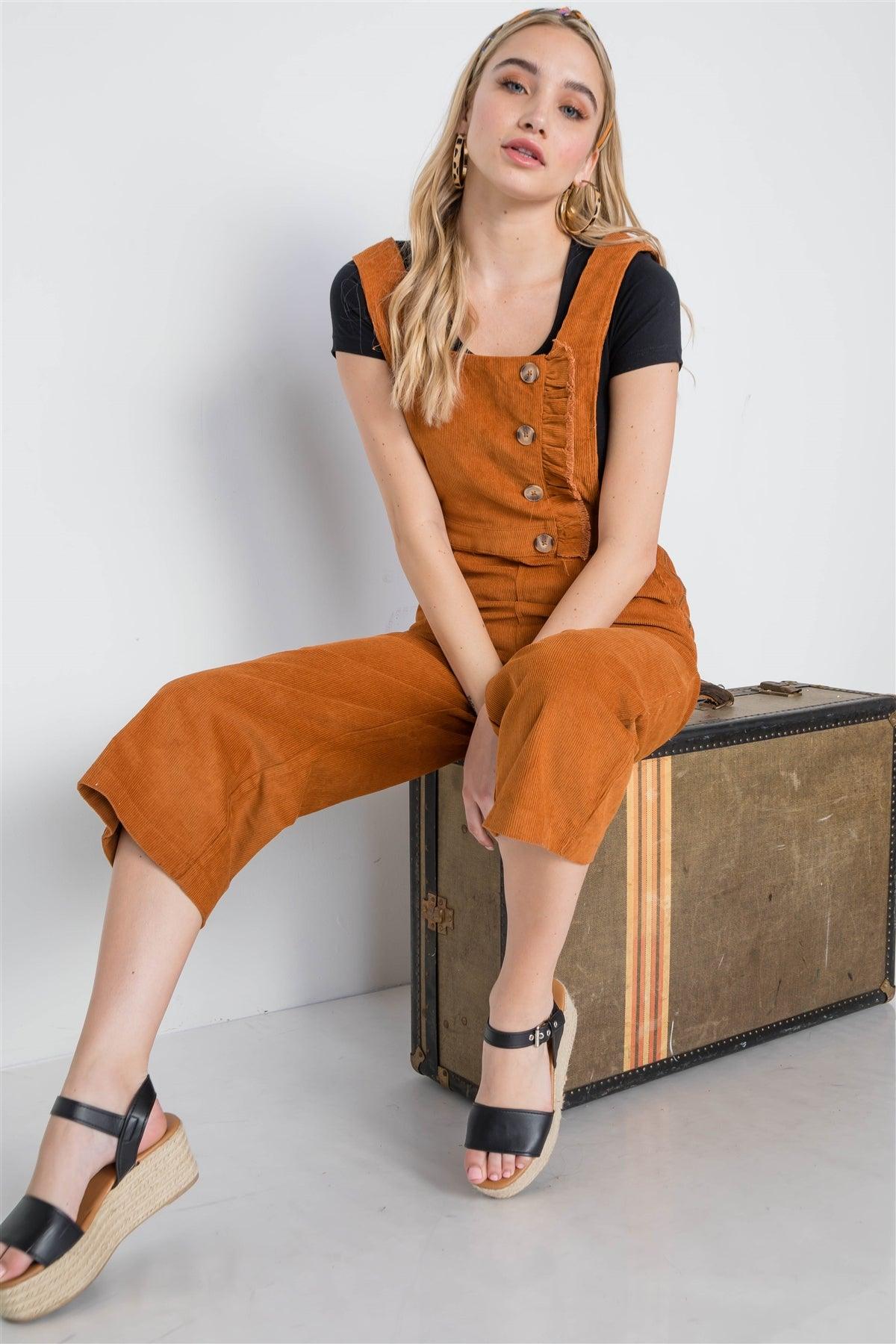 Camel Corduroy Button Front Ankle Length Overall /1-1-1