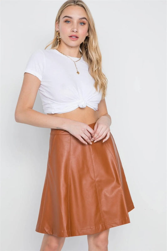Camel A-Line High-Waist Vegan Leather Skirt /3-3 - Tasha Apparel Wholesale