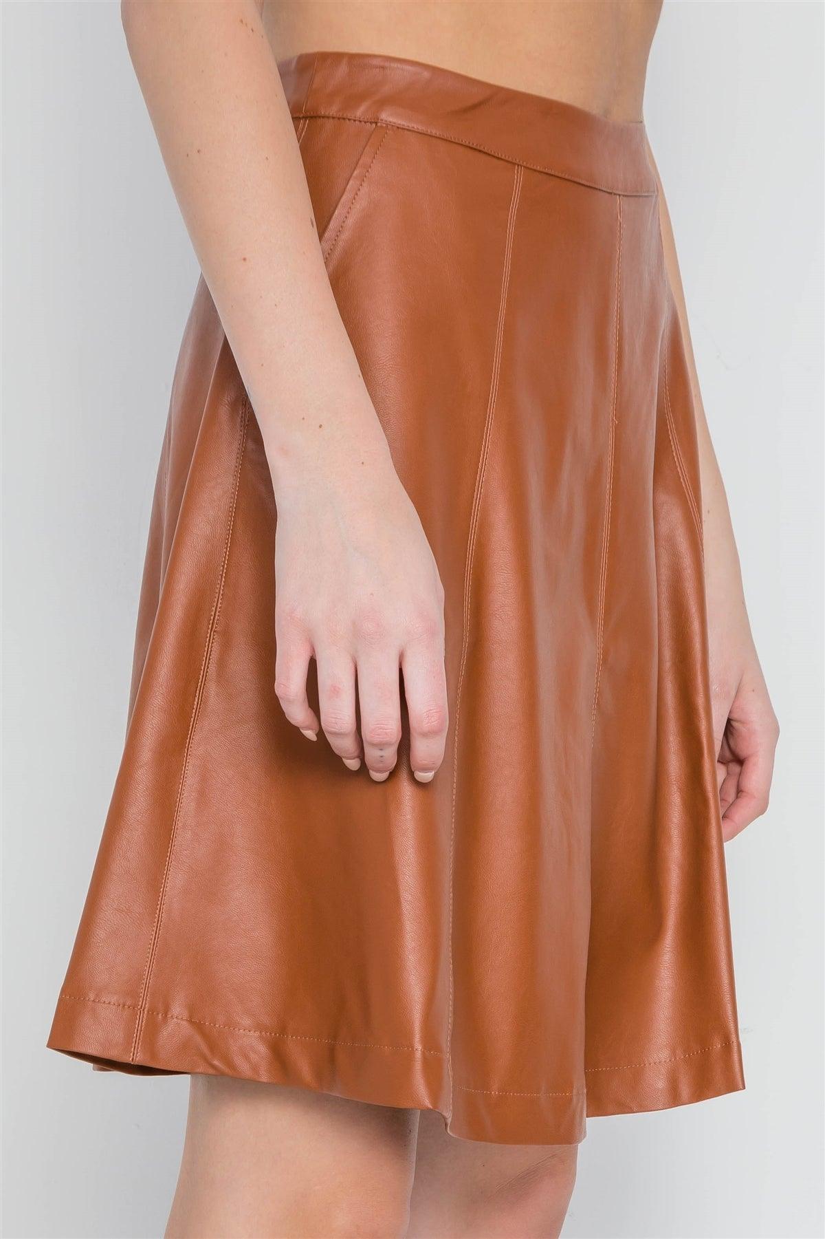 Camel A-Line High-Waist Vegan Leather Skirt /3-3