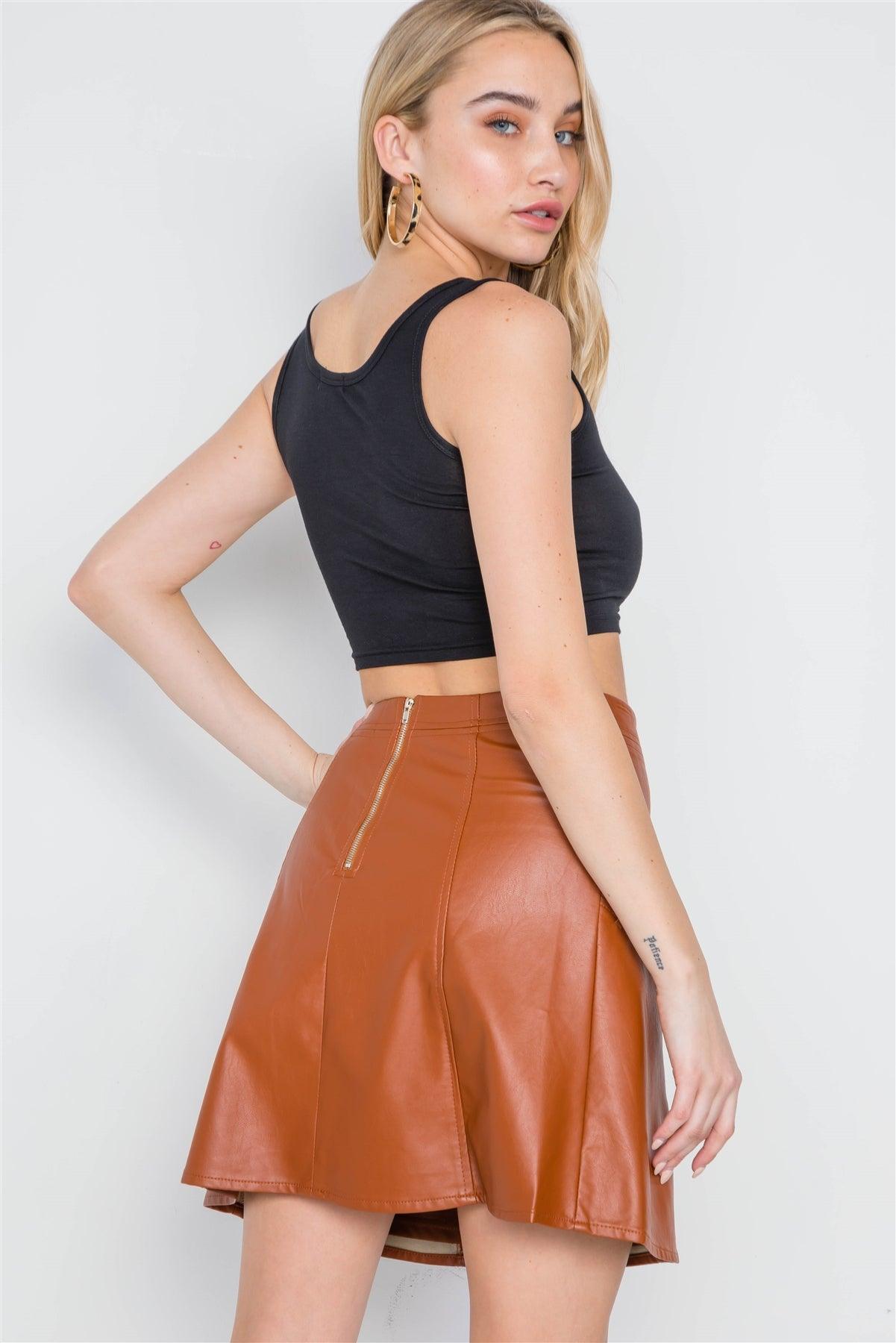 Camel High-Waist Vegan Leather Mini Skirt /2-2-2