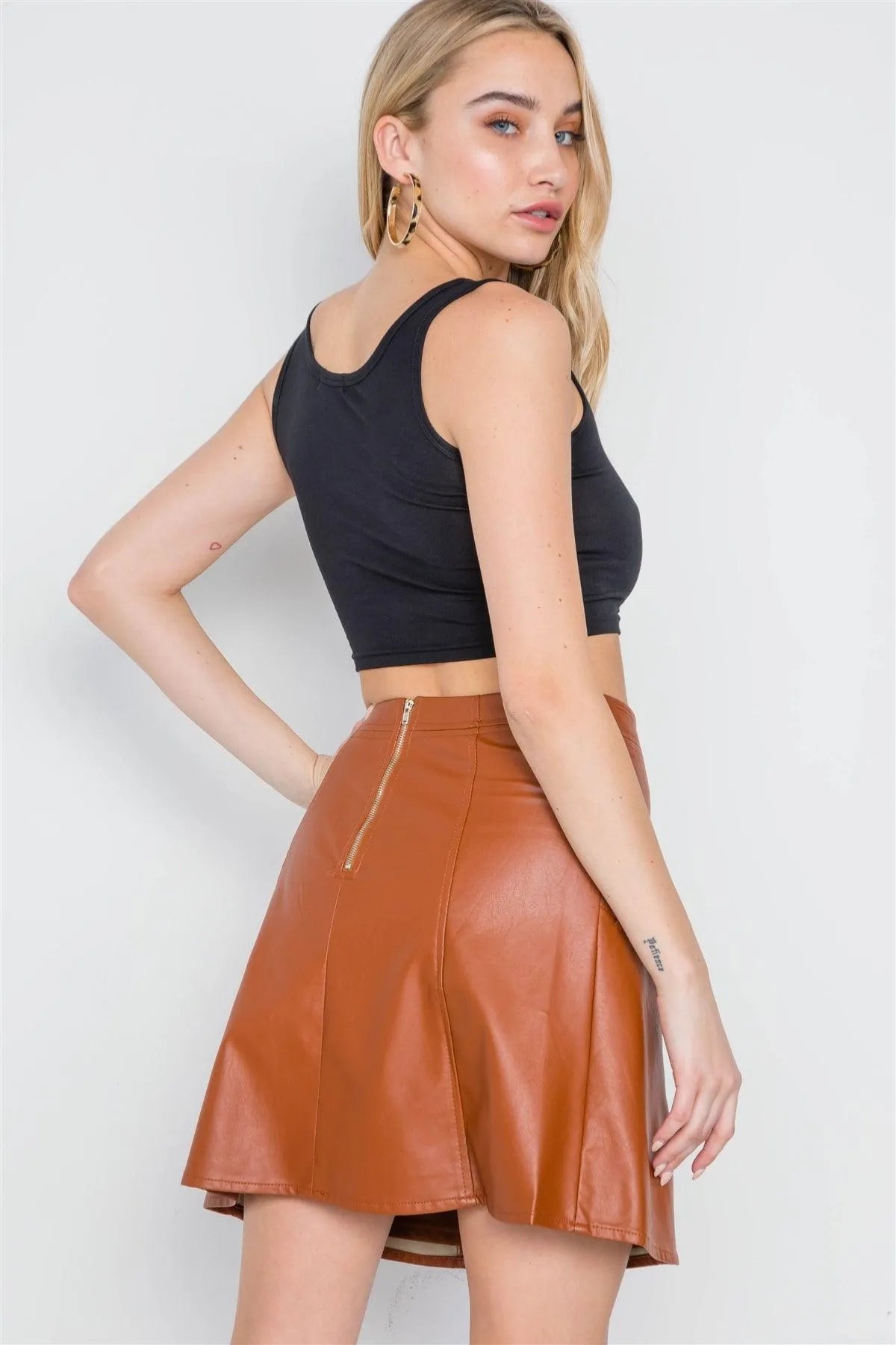 Camel High-Waist Vegan Leather Mini Skirt /2-2-3 - Tasha Apparel Wholesale