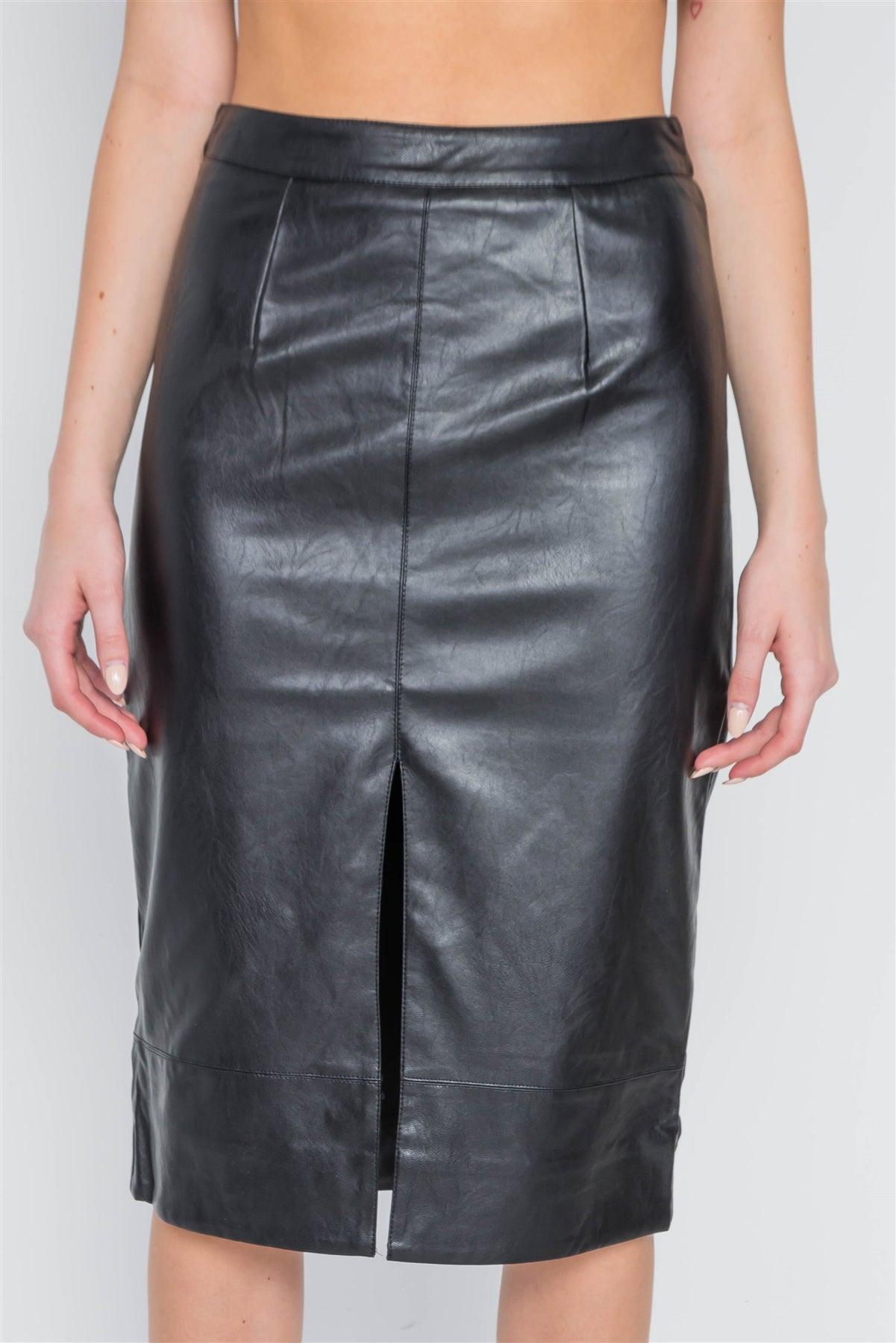 Black High-Waist Vegan Leather Front Slit Skirt /2-2-2