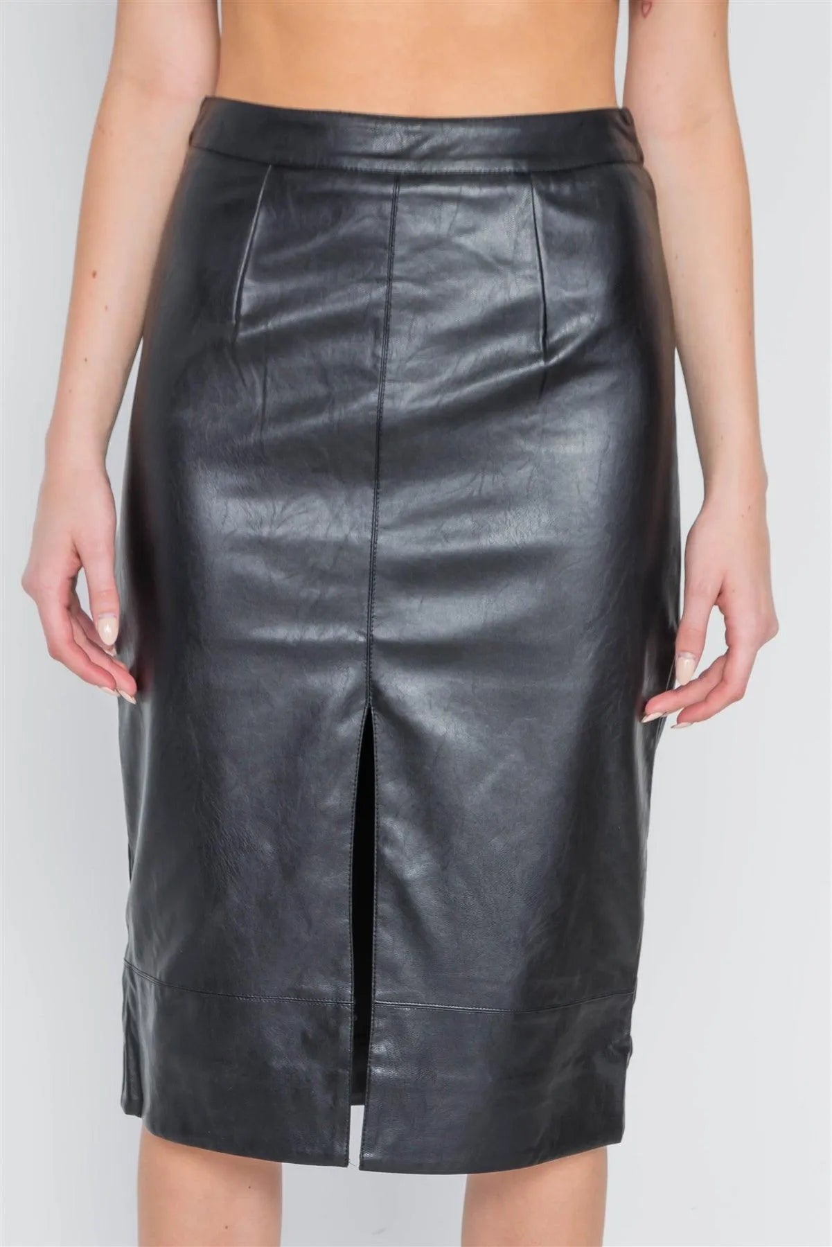 Black High-Waist Vegan Leather Front Slit Skirt - Tasha Apparel Wholesale