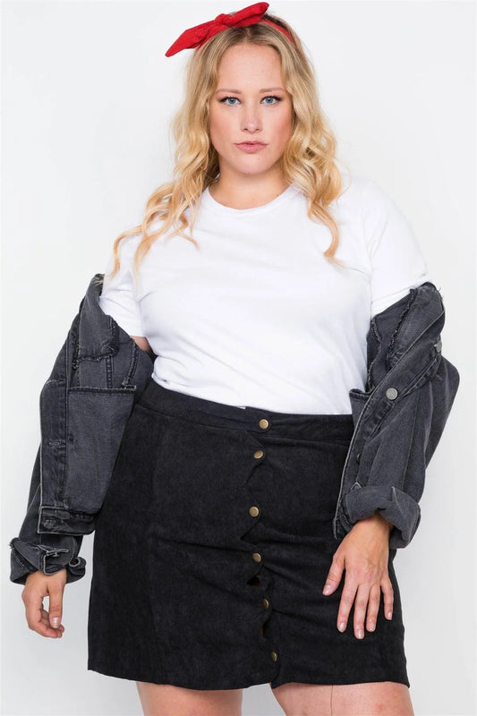 Plus Size Black Corduroy Scallop Front Mini Skirt - Tasha Apparel Wholesale