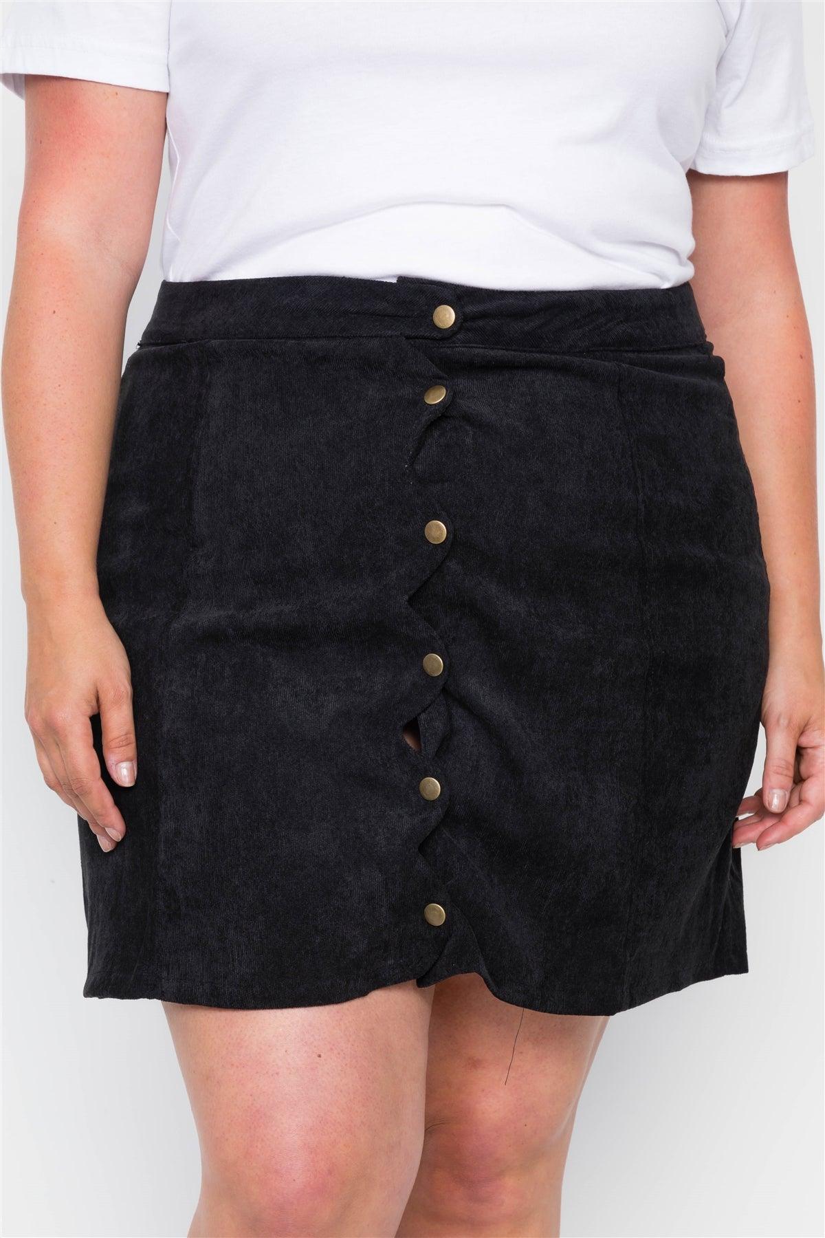 Plus Size Black Corduroy Scallop Front Mini Skirt
