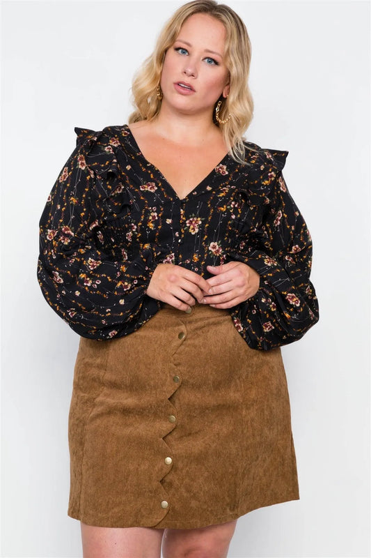 Plus Size Camel Corduroy Scallop Front Mini Skirt /2-1 - Tasha Apparel Wholesale