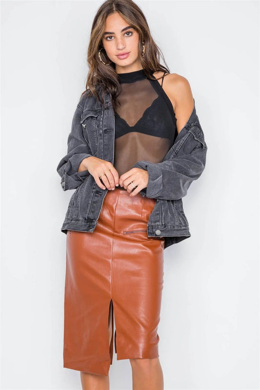 Camel Vegan Leather High-Waist Asymmetrical Hem Skirt / 2-2-2 - Tasha Apparel Wholesale