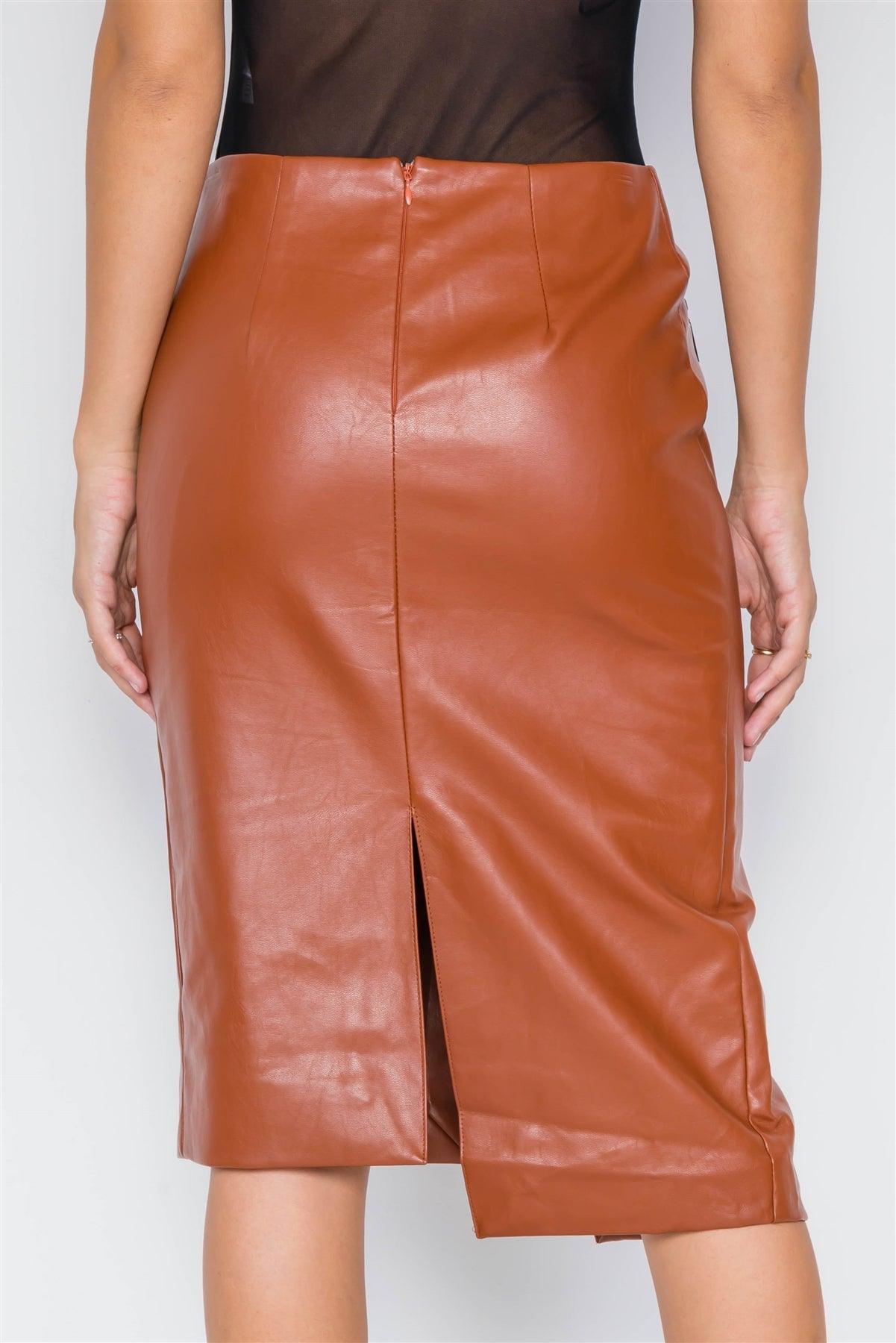 Camel  Vegan Leather High-Waist Asymmetrical Hem Skirt / 2-2-2