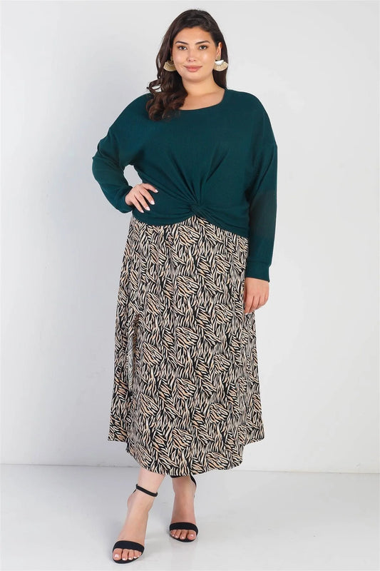Plus Size Black Printed High Waist Midi Skirt /2-2-1 - Tasha Apparel Wholesale