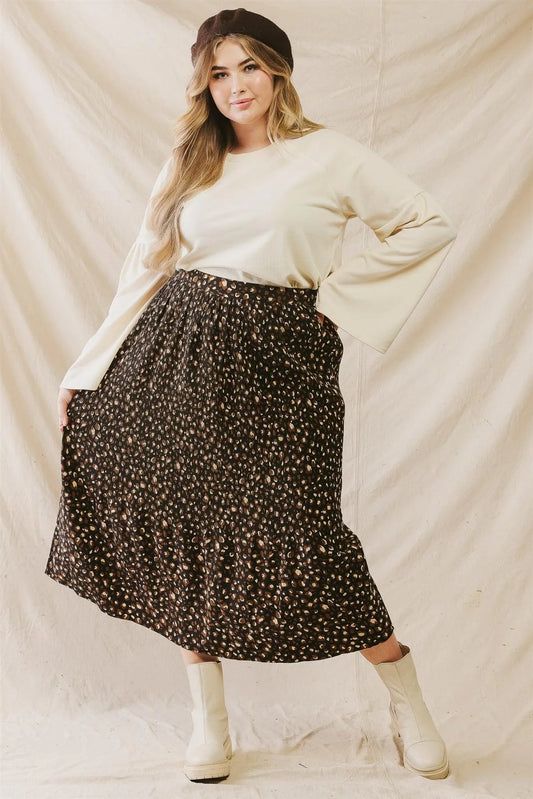 Junior Plus Black Textured Leopard Print Elasticized Waist Midi Skirt /3-2-1 - Tasha Apparel Wholesale