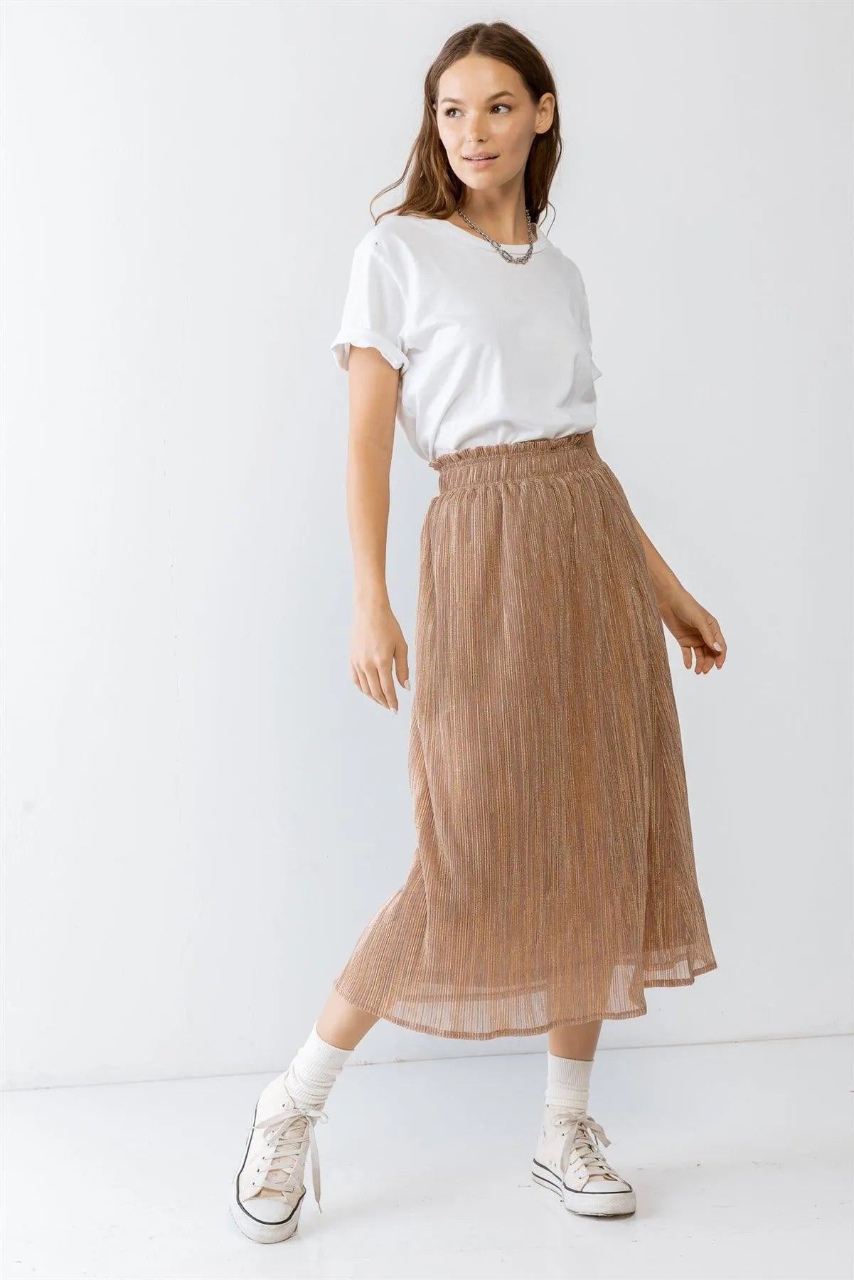 Rose & Gold Shiny String Elasticized High Waist Midi Skirt /2-2-2 - Tasha Apparel Wholesale