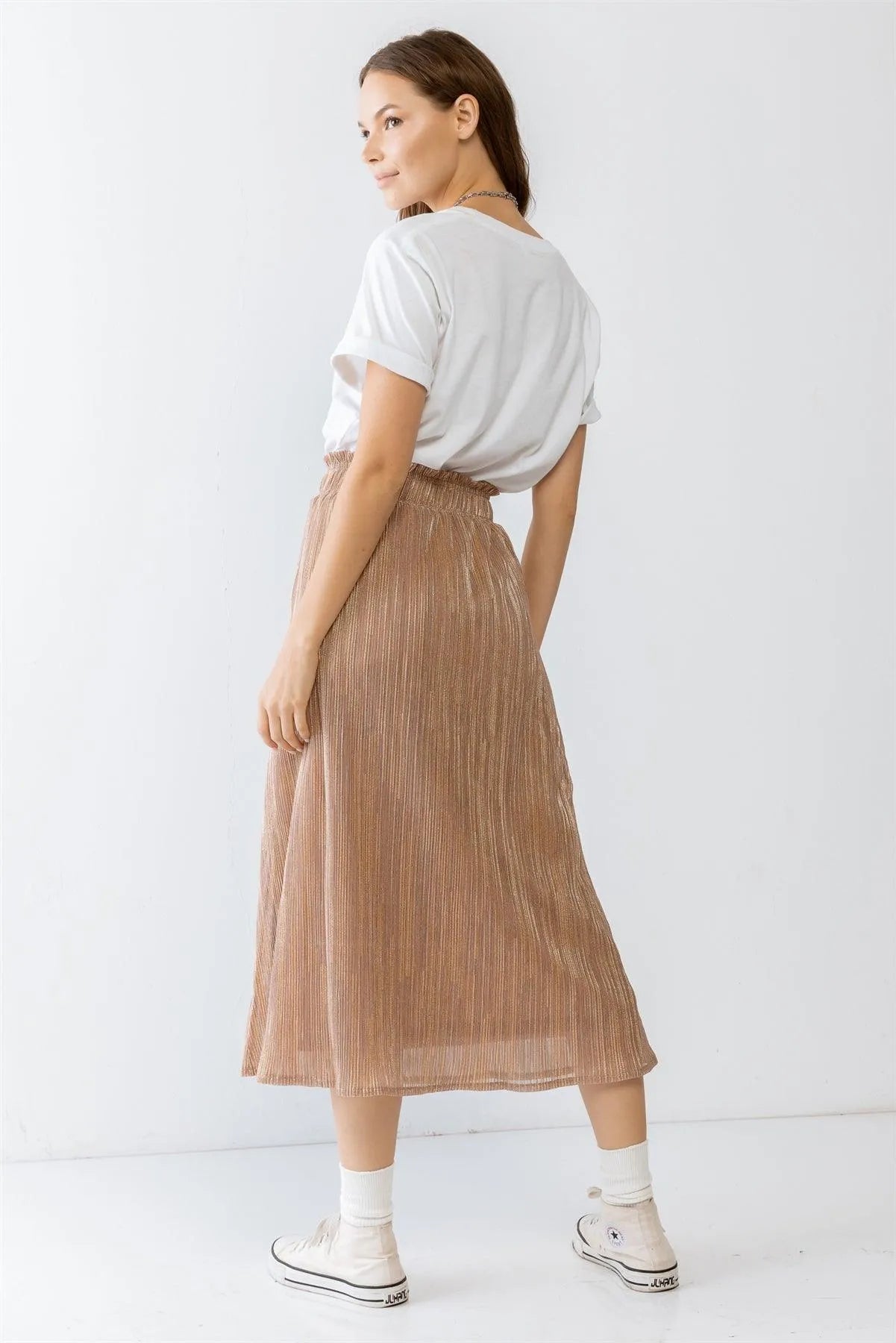 Rose & Gold Shiny String Elasticized High Waist Midi Skirt /2-2-2 - Tasha Apparel Wholesale