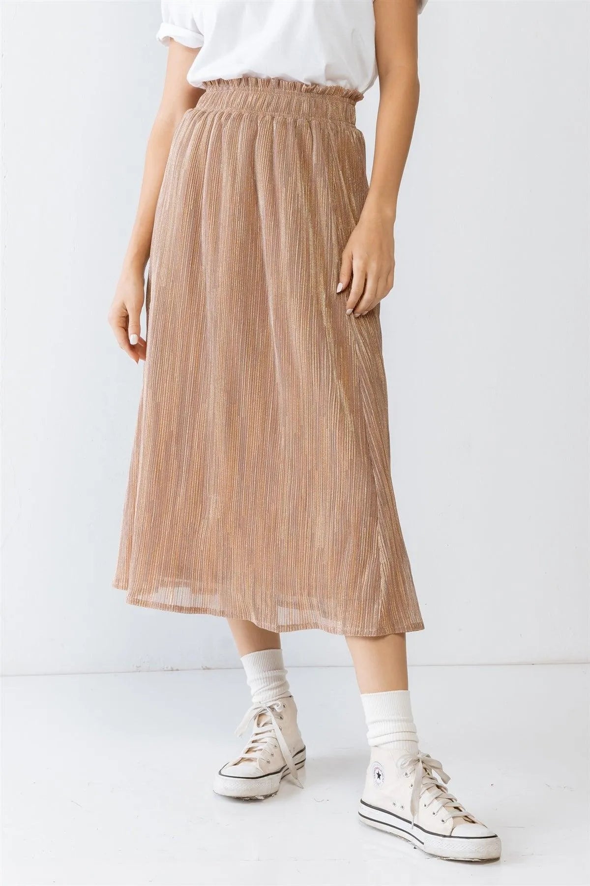 Rose & Gold Shiny String Elasticized High Waist Midi Skirt /2-2-2 - Tasha Apparel Wholesale