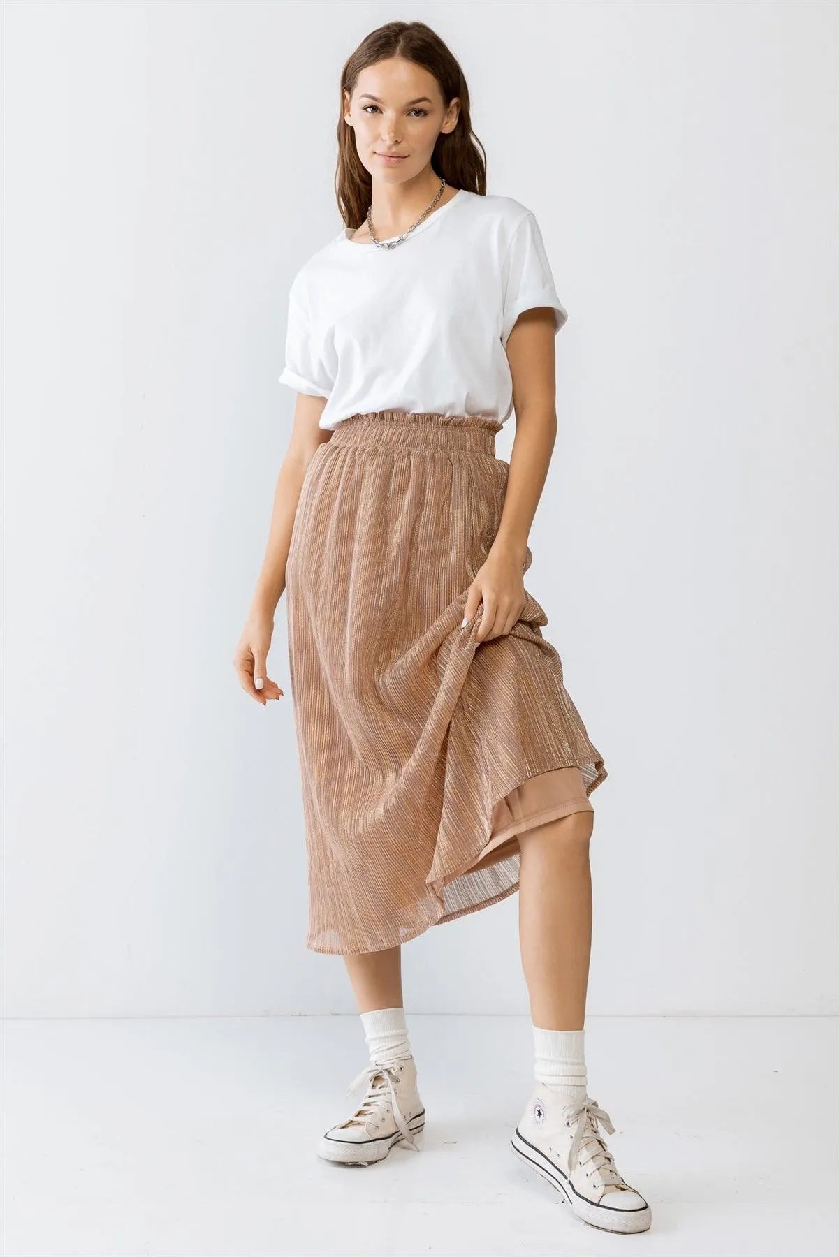 Rose & Gold Shiny String Elasticized High Waist Midi Skirt /2-2-2 - Tasha Apparel Wholesale