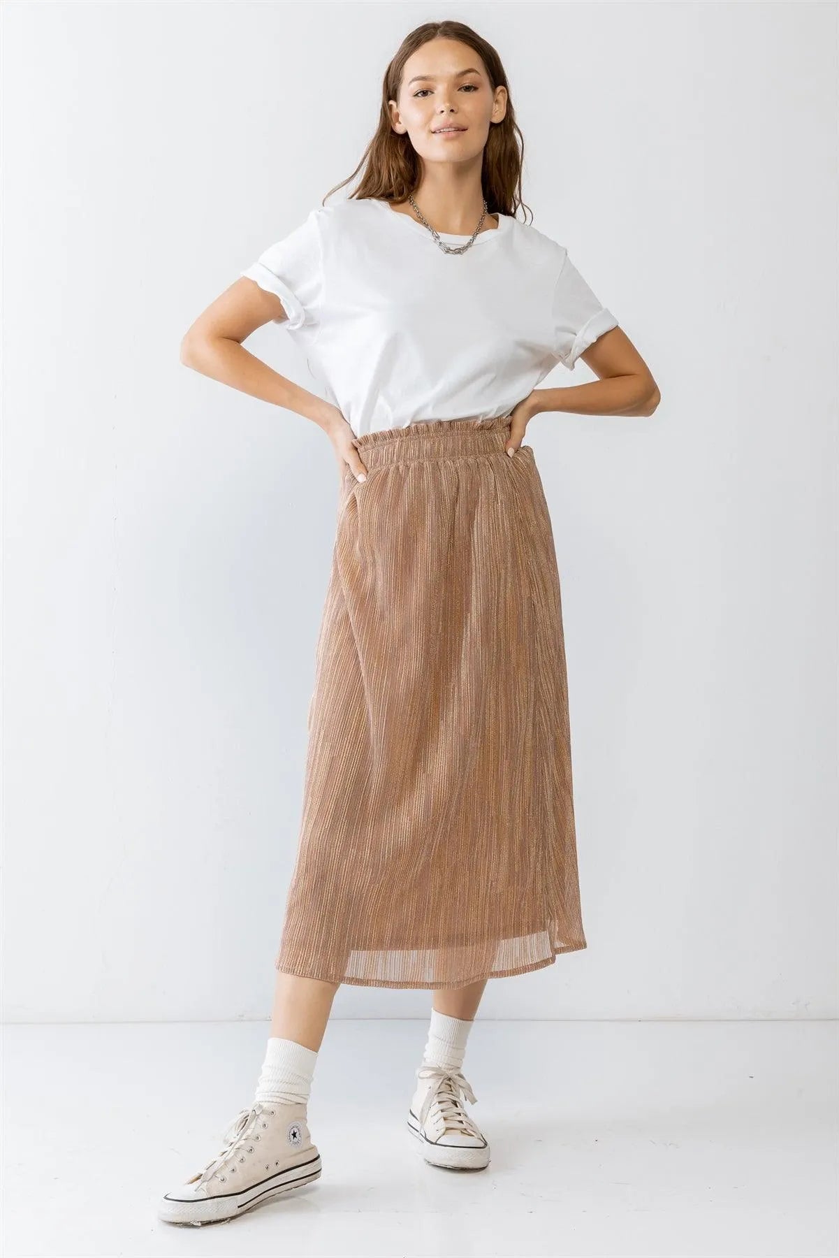 Rose & Gold Shiny String Elasticized High Waist Midi Skirt /2-2-2 - Tasha Apparel Wholesale