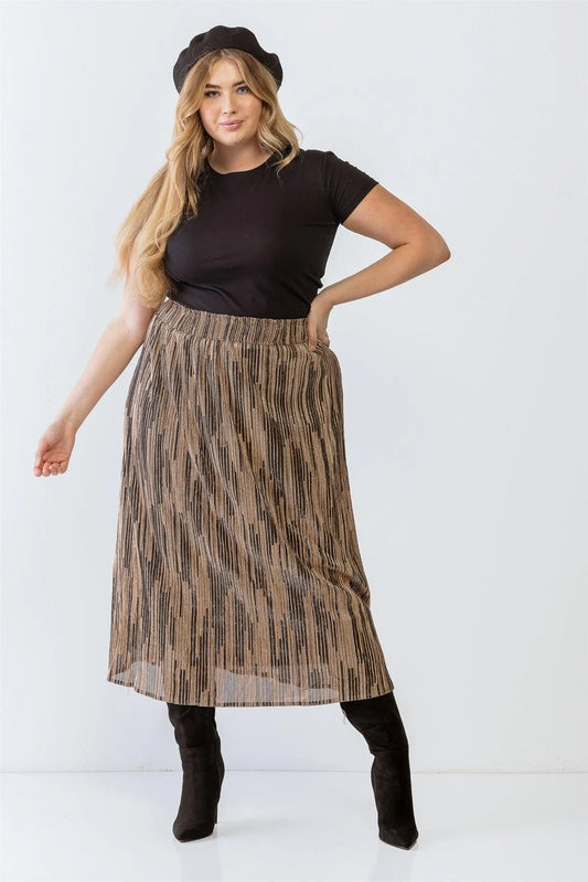 Junior Plus Black & Gold Shiny String Elasticized High Waist Midi Skirt /2-2-1 - Tasha Apparel Wholesale