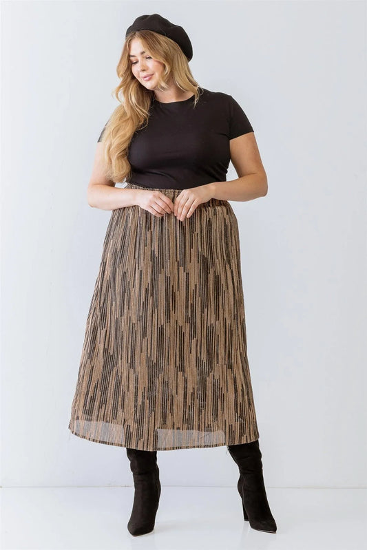 Junior Plus Black & Gold Shiny String Elasticized High Waist Midi Skirt /3-2-1 - Tasha Apparel Wholesale