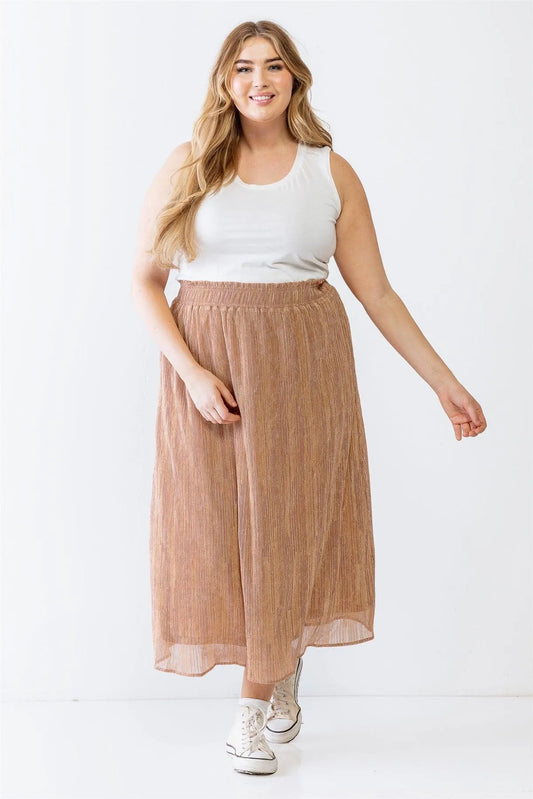 Junior Plus Rose & Gold Shiny String Elasticized High Waist Midi Skirt /2-2-1 - Tasha Apparel Wholesale