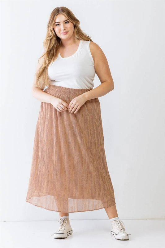 Junior Plus Rose & Gold Shiny String Elasticized High Waist Midi Skirt /3-2-1 - Tasha Apparel Wholesale