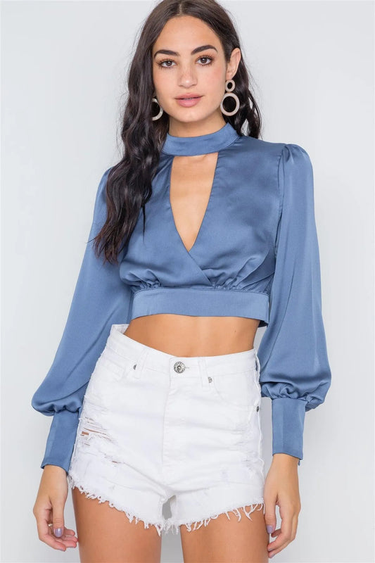 Slate Blue Satin Long Sleeve Crop Top /3-2-1 - Tasha Apparel Wholesale