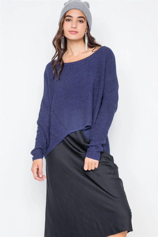 Navy Drop Shoulder Knit Relaxed Fit Scoop Neck Sweater /2-2-2 - Tasha Apparel Wholesale