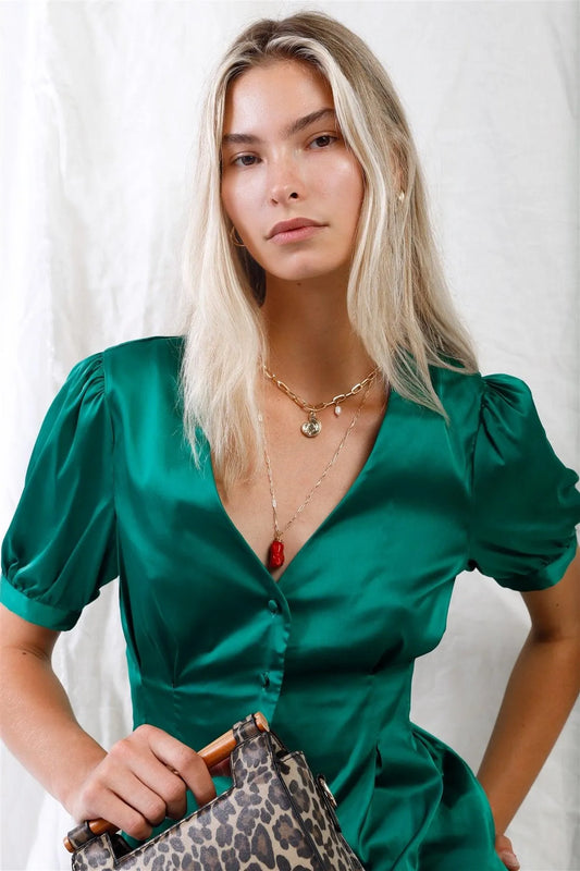 Green Satin Short Puff Sleeve V-Neck Button-Down Blouse /3-2-1 - Tasha Apparel Wholesale