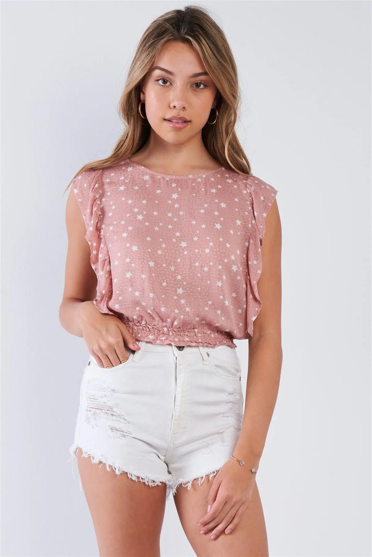 Mauve Sleeveless Star Print Ruffled Top /2-2-2 - Tasha Apparel Wholesale