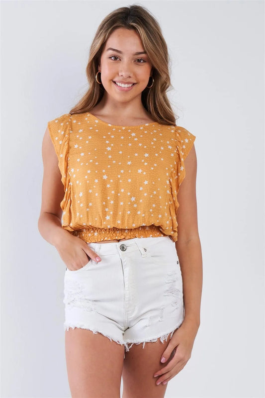 Mustard Sleeveless Star Print Ruffled Top - Tasha Apparel Wholesale
