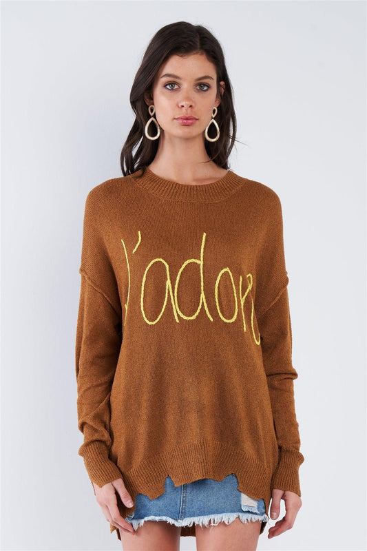 Camel Brown Yellow "J'adore" Script Knit Relaxed Fit Sweater /2-2-2 - Tasha Apparel Wholesale