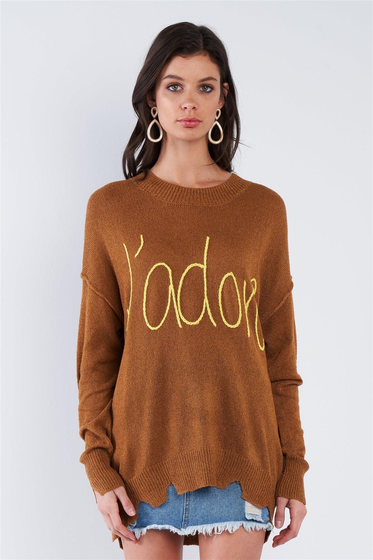 Camel Brown Yellow "J'adore" Script Knit Relaxed Fit Sweater /2-3-1