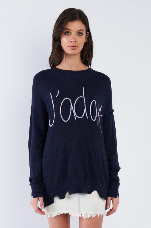 Navy Blue Purple "J'adore" Script Knit Relaxed Fit Sweater - Tasha Apparel Wholesale