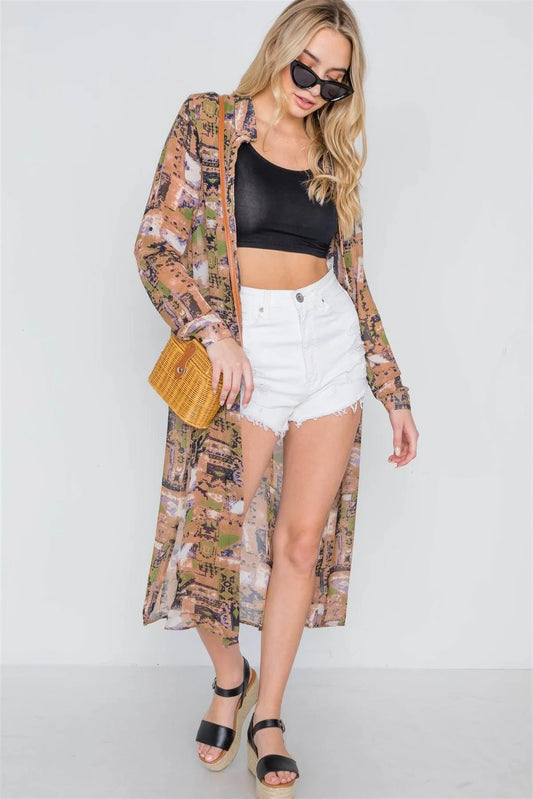 Mocha Long Sleeve Sheer Side Slits Button Down Top - Tasha Apparel Wholesale