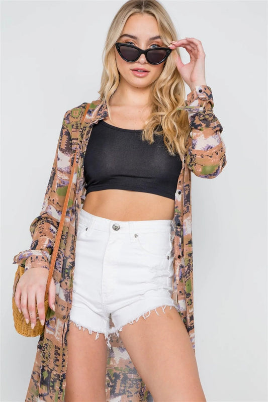 Mocha Long Sleeve Sheer Side Slits Button Down Top - Tasha Apparel Wholesale