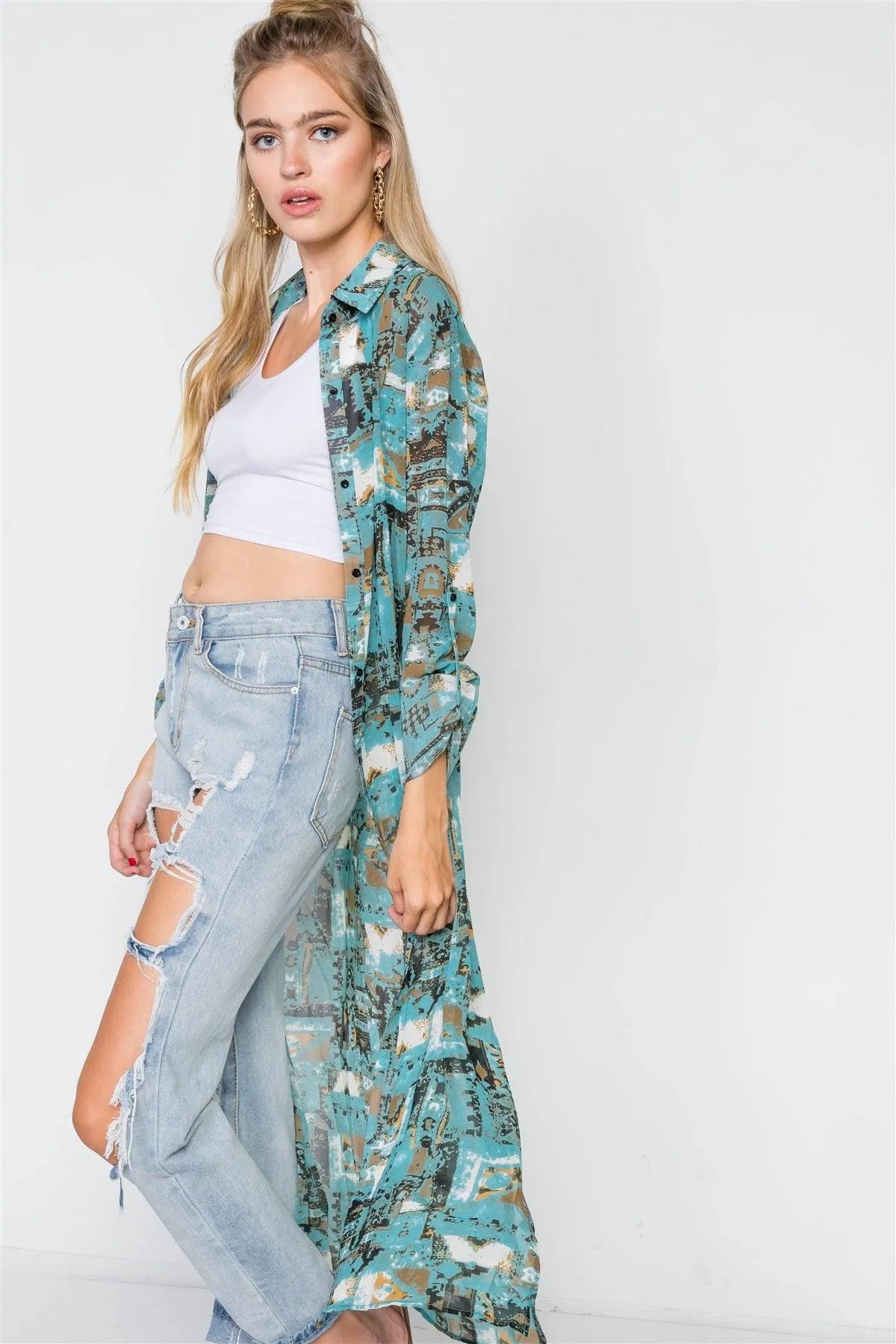 Teal Long Sleeve Sheer Button Down Cover Up Top - Tasha Apparel Wholesale