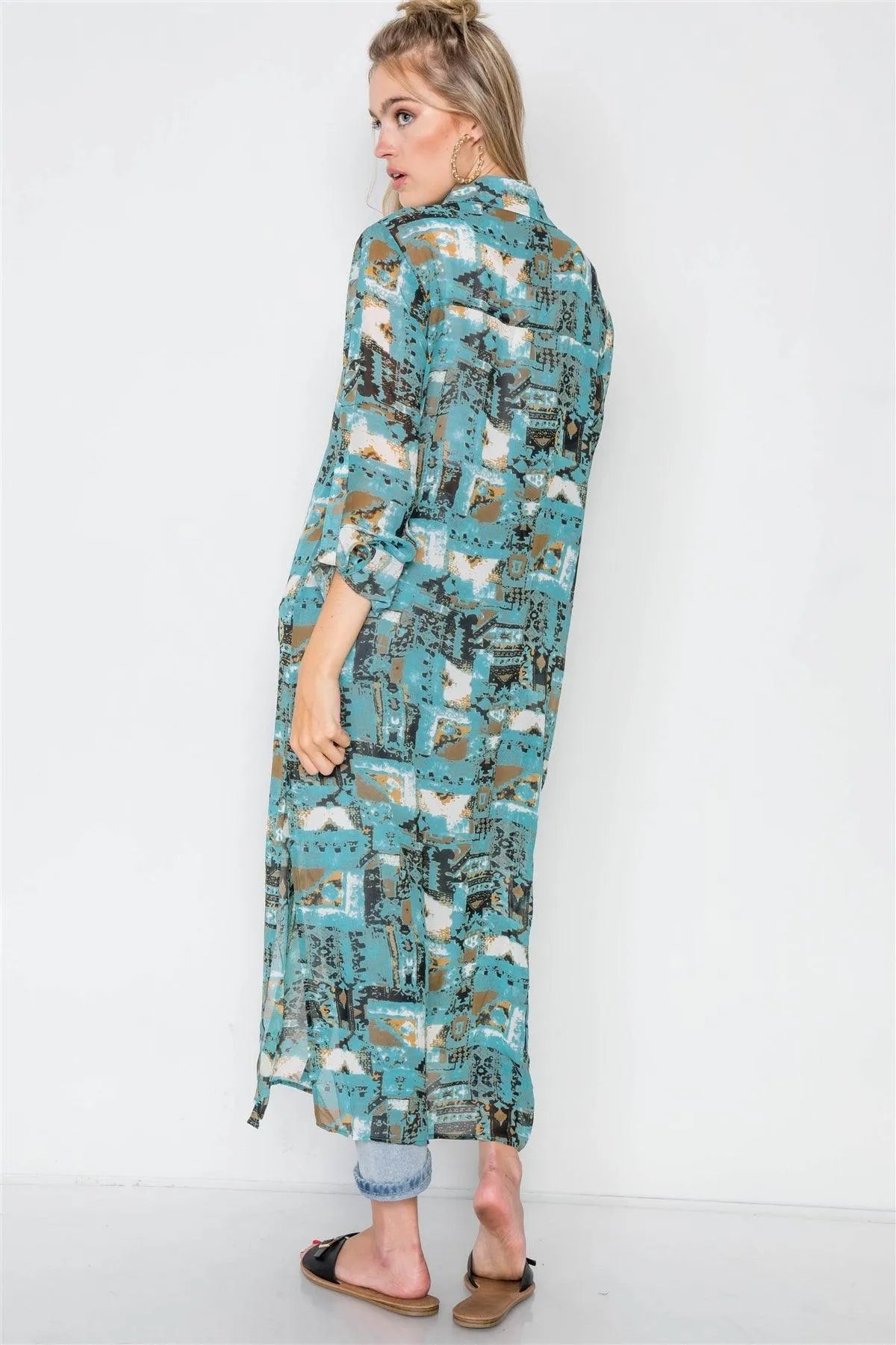 Teal Long Sleeve Sheer Button Down Cover Up Top - Tasha Apparel Wholesale