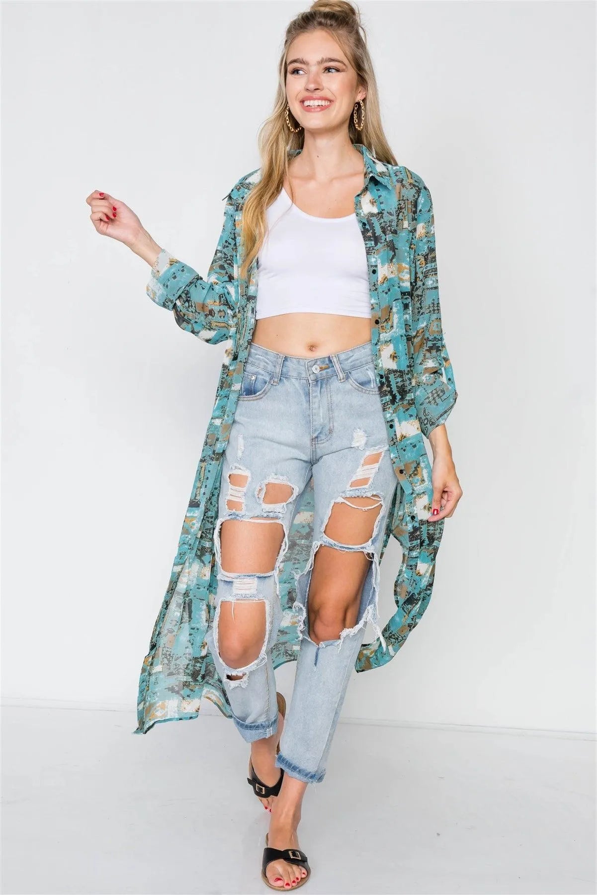 Teal Long Sleeve Sheer Button Down Cover Up Top - Tasha Apparel Wholesale