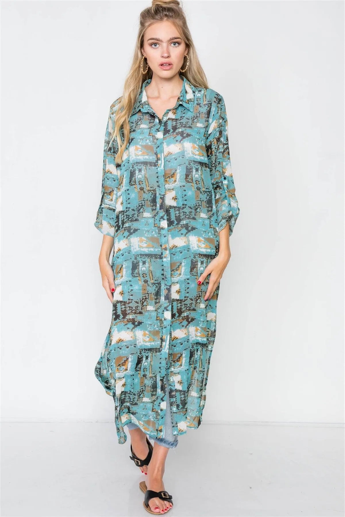 Teal Long Sleeve Sheer Button Down Cover Up Top - Tasha Apparel Wholesale
